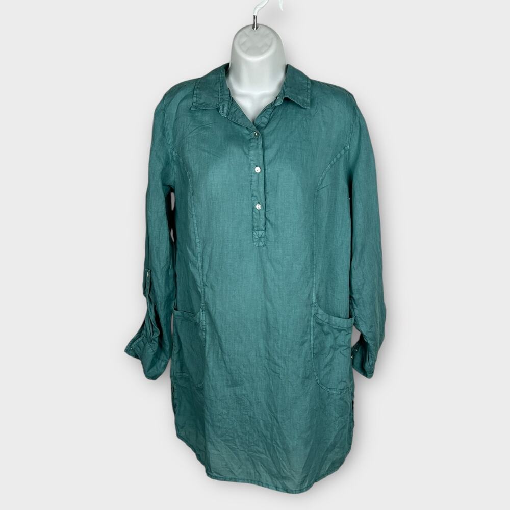 Jones New York Blue‎ Linen Tunic Popover Blouse Apron Pockets Small